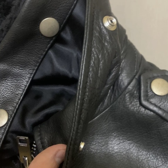 Diesel black leather bomber jacket removable shearling collar vintage XS - Picture 6 of 6
